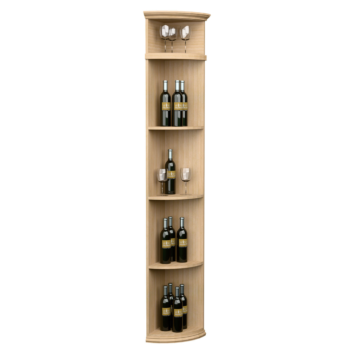 Tall quarter-round wine shelf with round base, light wood finish, bottle display and glass rail.
