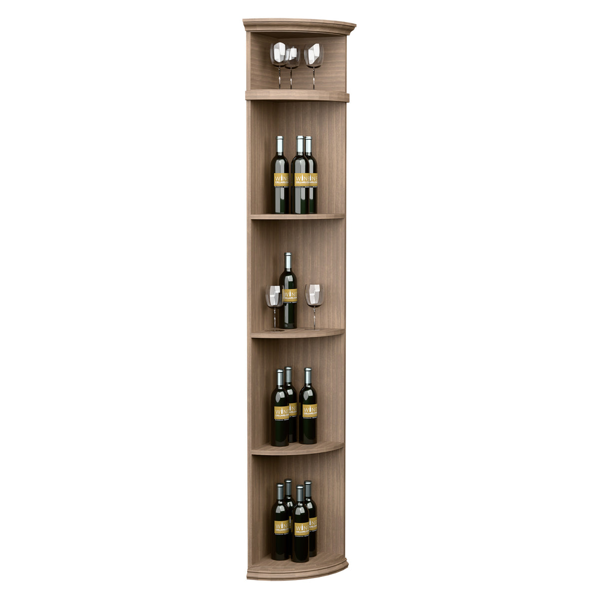 Light wood standing quarter-round wine shelf with round base and top glass holder.