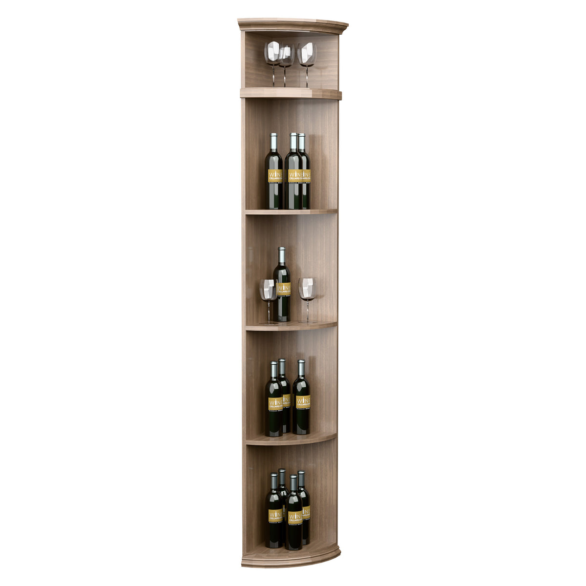 Quarter-round wine rack in light wood with round base, built-in cubby shelves.