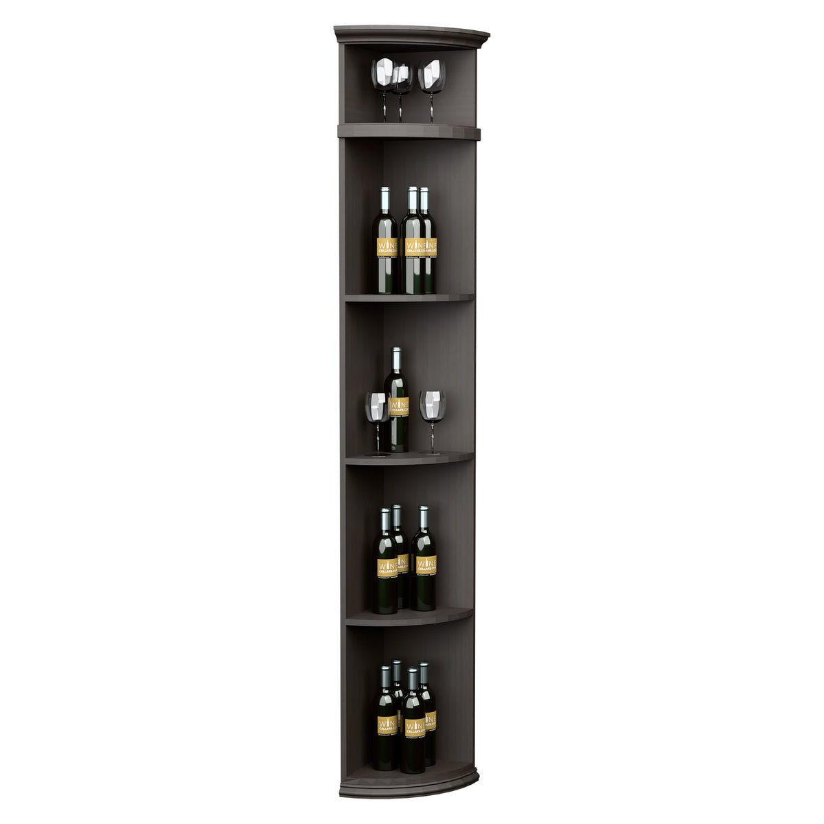 Tall quarter-round wine shelf with round base, dark grey finish, curved bottle shelves.
