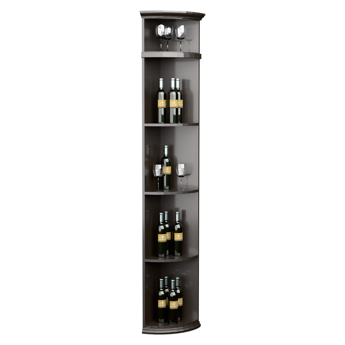 Dark grey standing quarter-round wine shelf with round base and top glass holder.