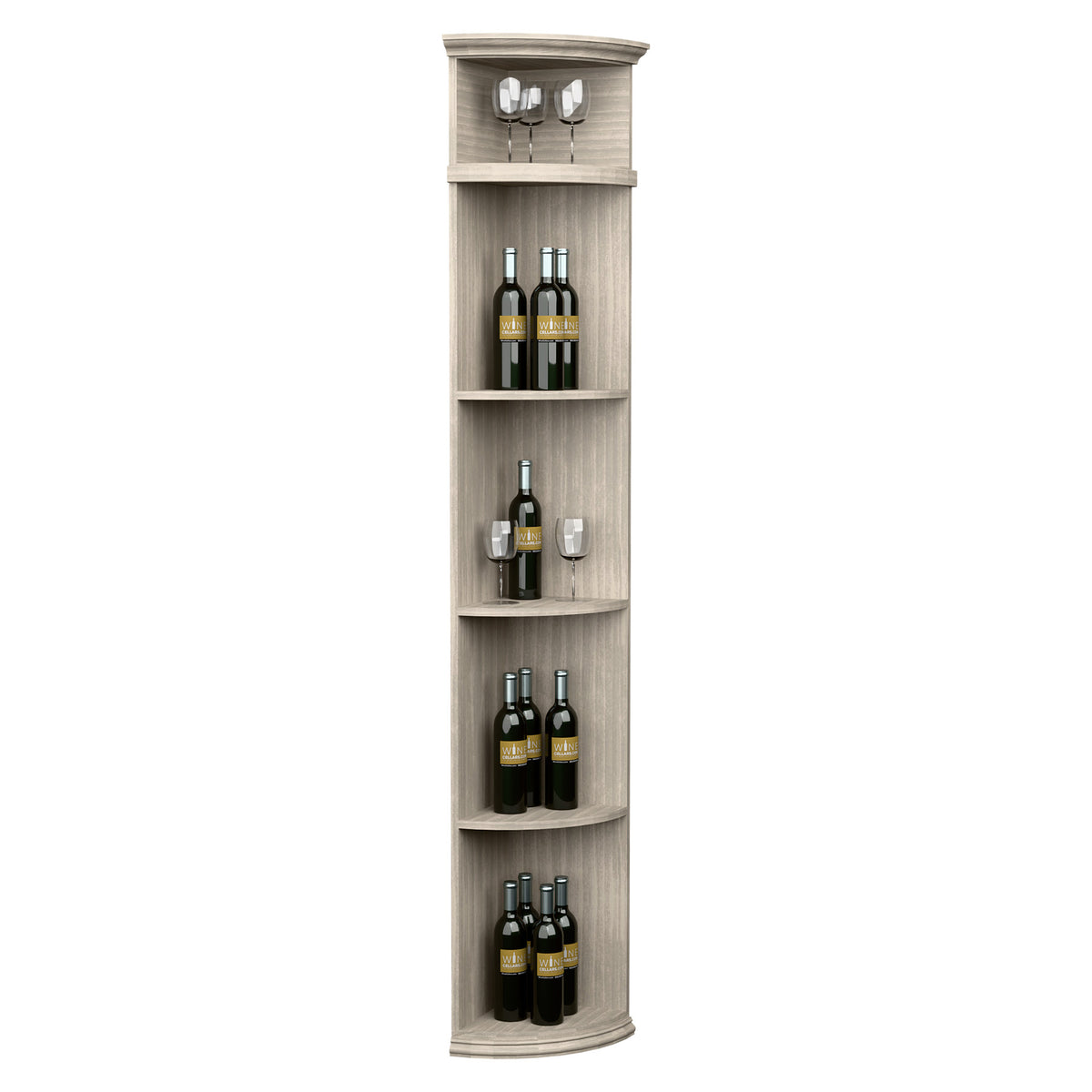 Light wood quarter-round wine cabinet shelf with round base and bottle storage compartments.