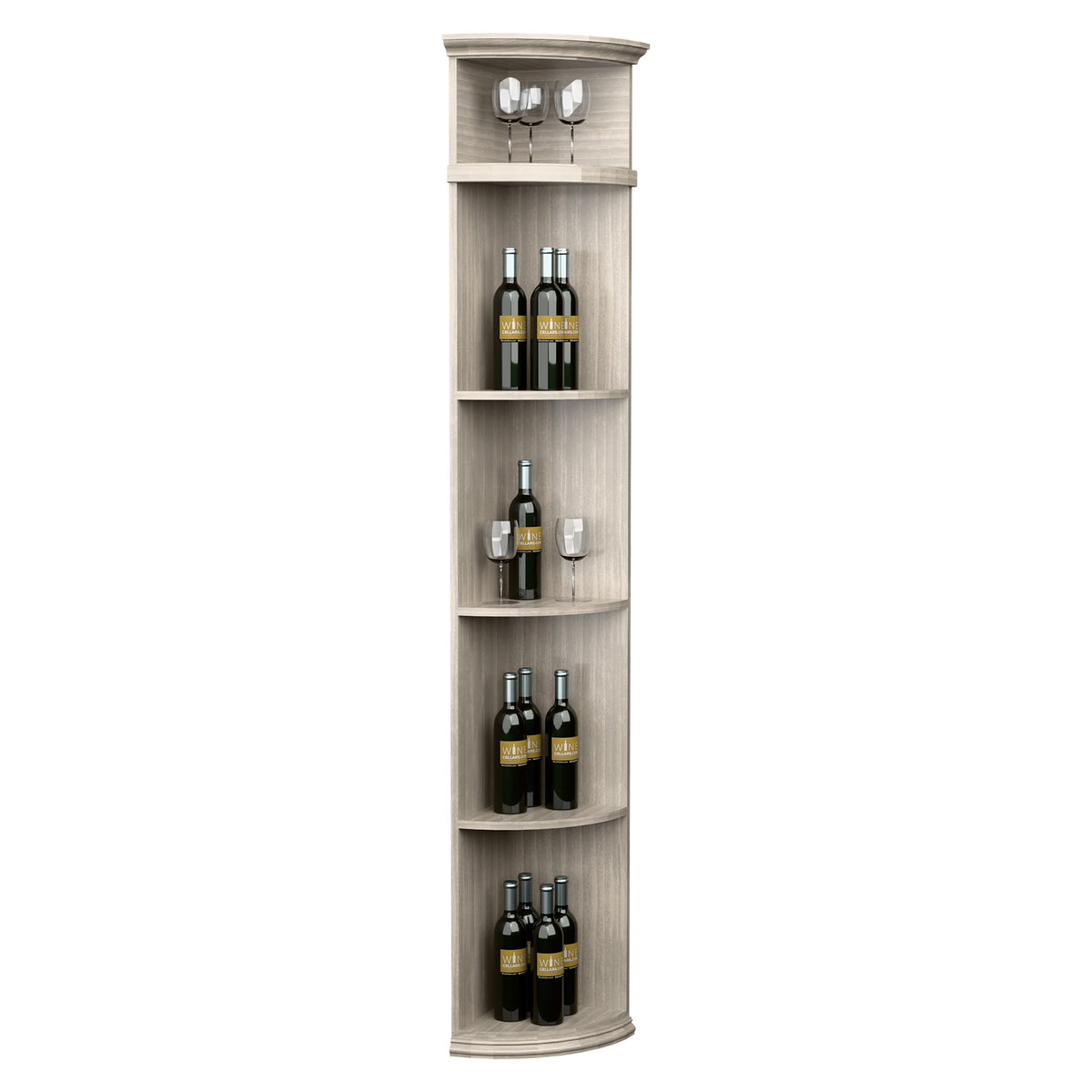 Light wood corner-style quarter-round wine shelf with round base and curved shelves.