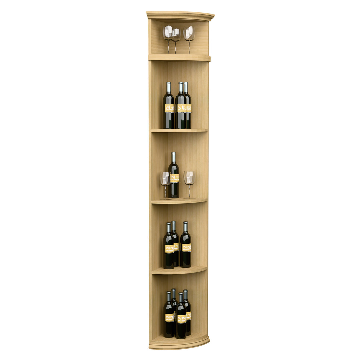 Light wood tall quarter-round wine shelf with round base, bottle display shelves and glass rail.