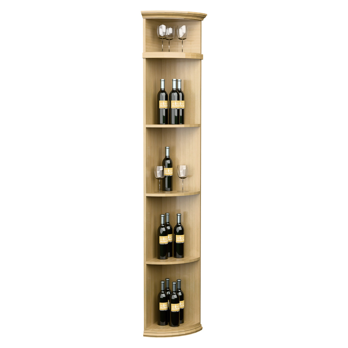 Light wood quarter-round wine shelf with round base, vertical shelves for bottles and glasses.