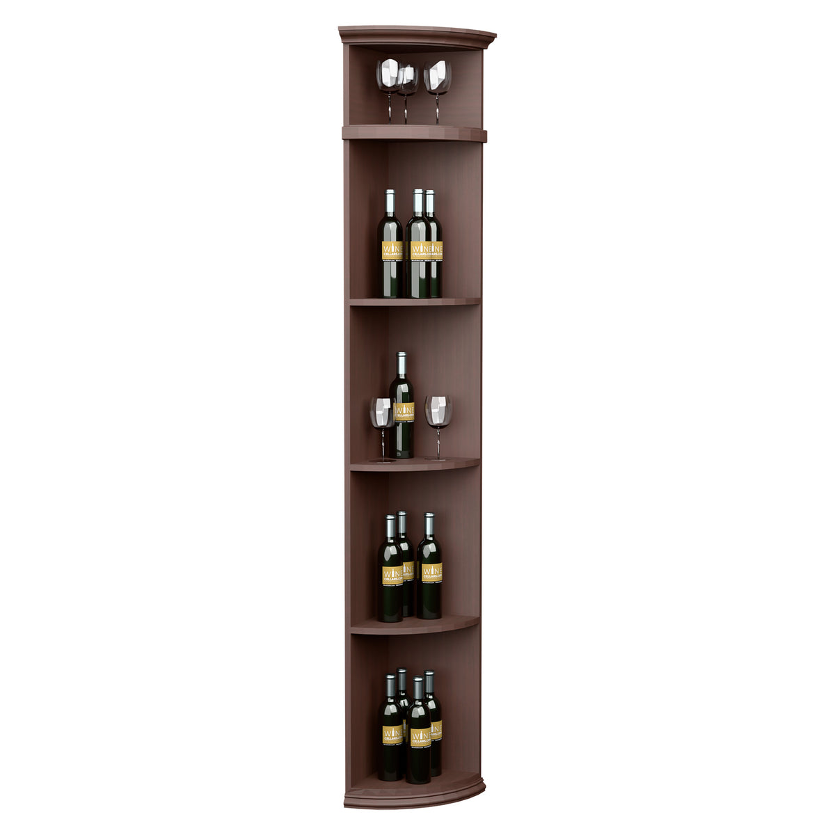 Dark wood quarter-round wine display shelf with circular base and glass holder