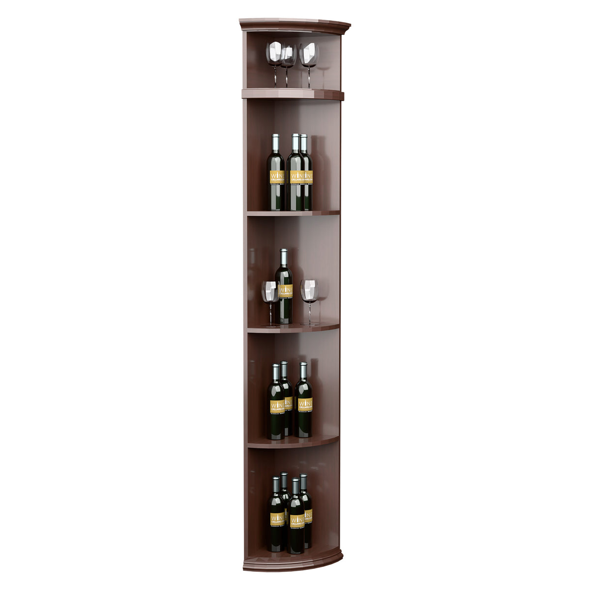 Dark brown quarter-round wine shelf with circular base and bottle-and-glass slots