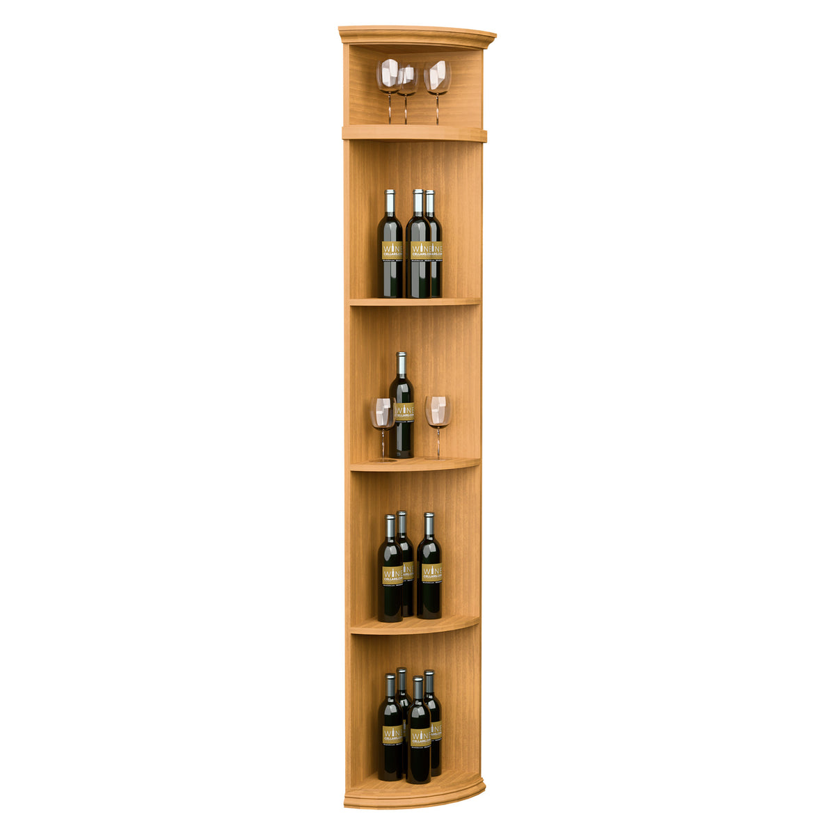Light wood quarter-round wine display shelf with circular base and glass holder