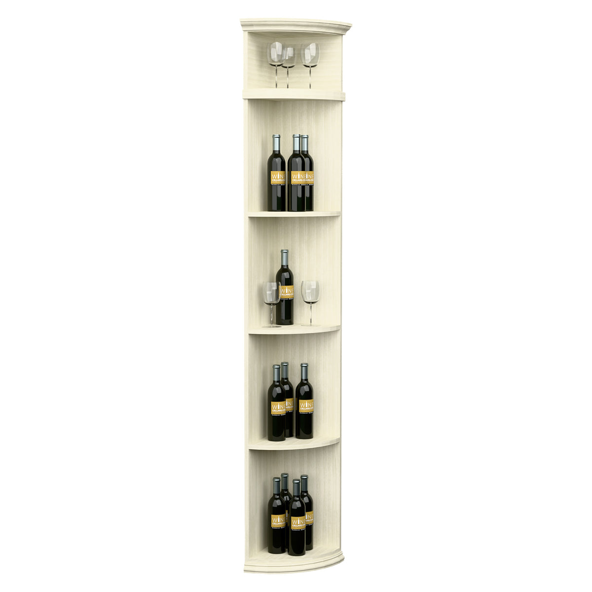 White finish quarter-round wine display shelf with circular base and glass holder