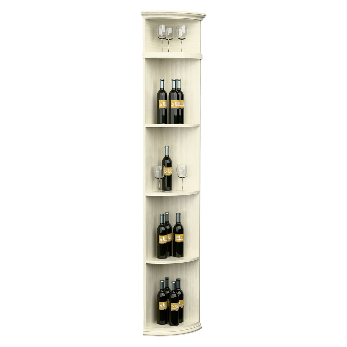 Cream quarter-round wine shelf with circular base and bottle-and-glass compartments
