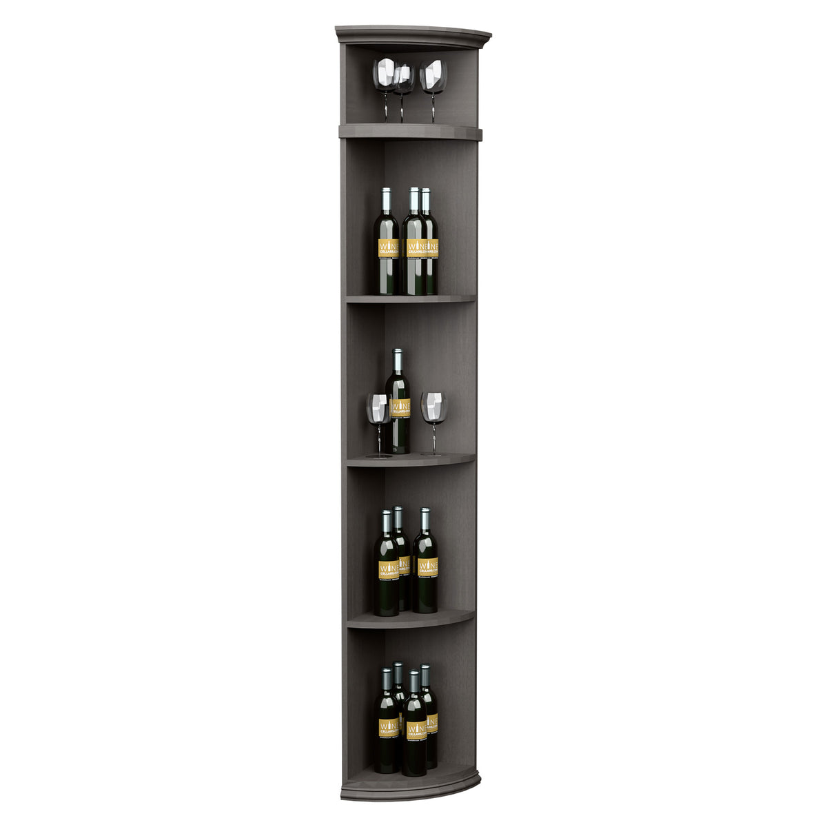 Gray-stained quarter-round wine display shelf with circular base and glass holder