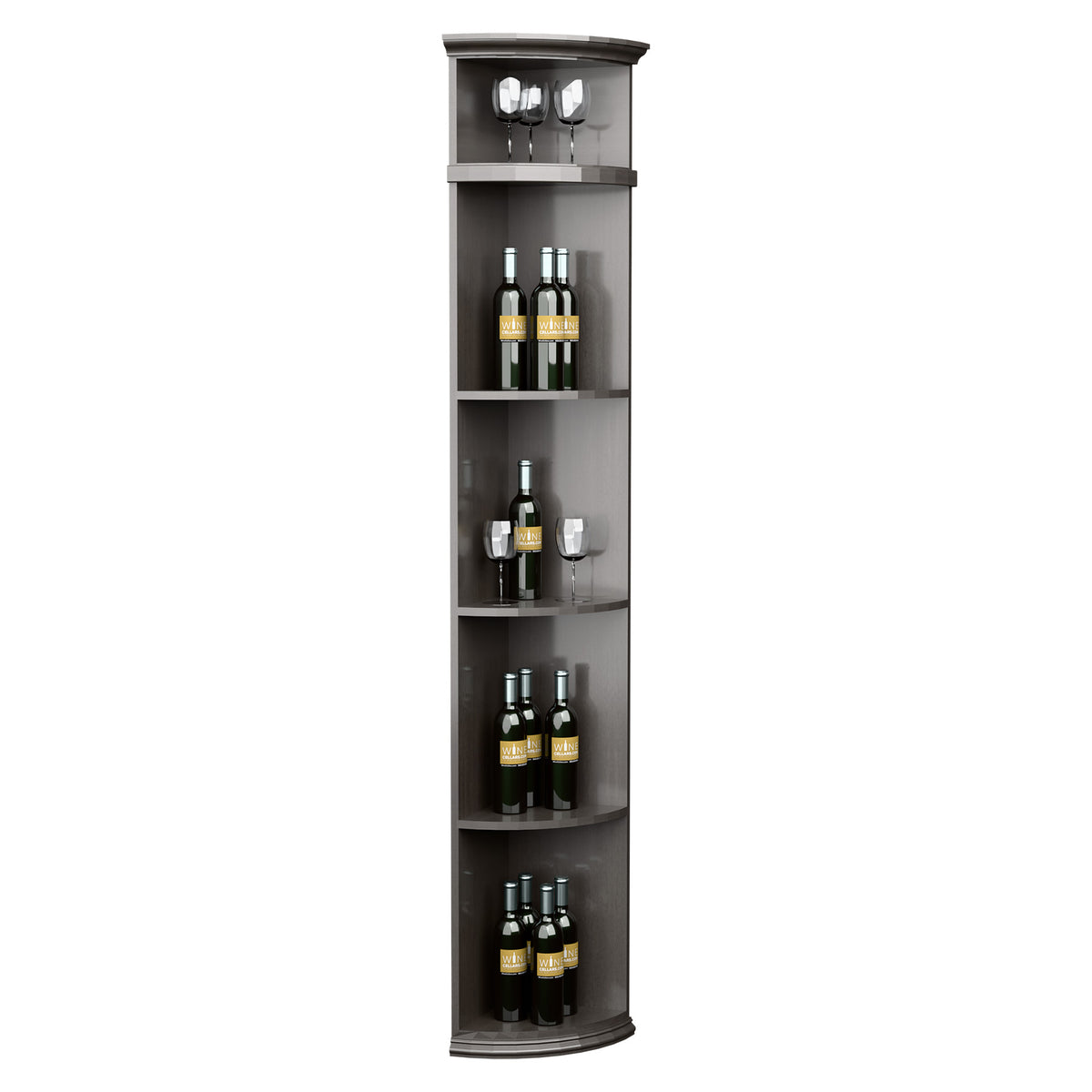 Dark gray quarter-round wine shelf with circular base and bottle storage shelves