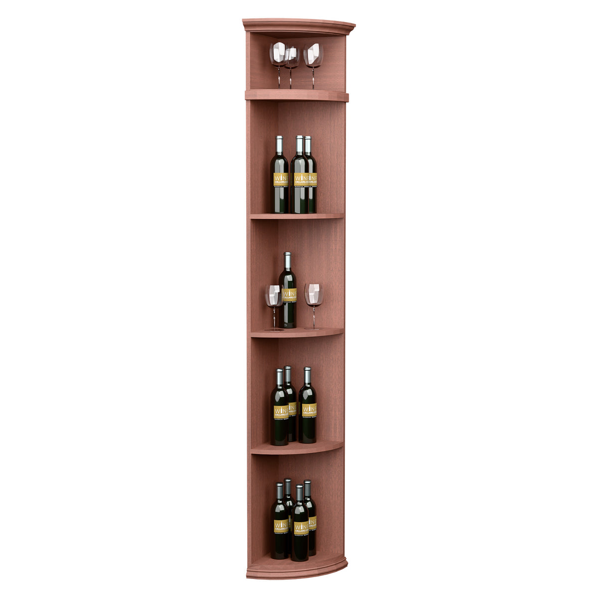 Rosewood quarter-round wine display shelf with circular base and glass holder