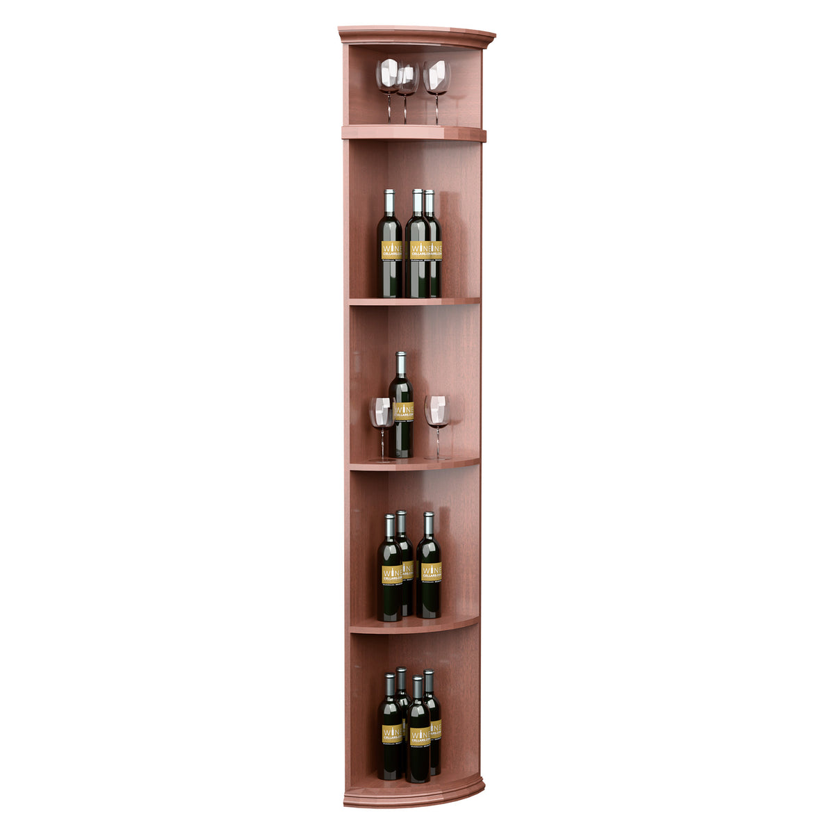 Pinkish wood quarter-round wine shelf with circular base and bottle-and-glass slots