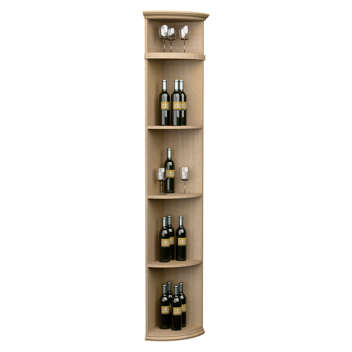 Natural wood quarter-round wine shelf with round base, bottle cubbies, and stemware rack