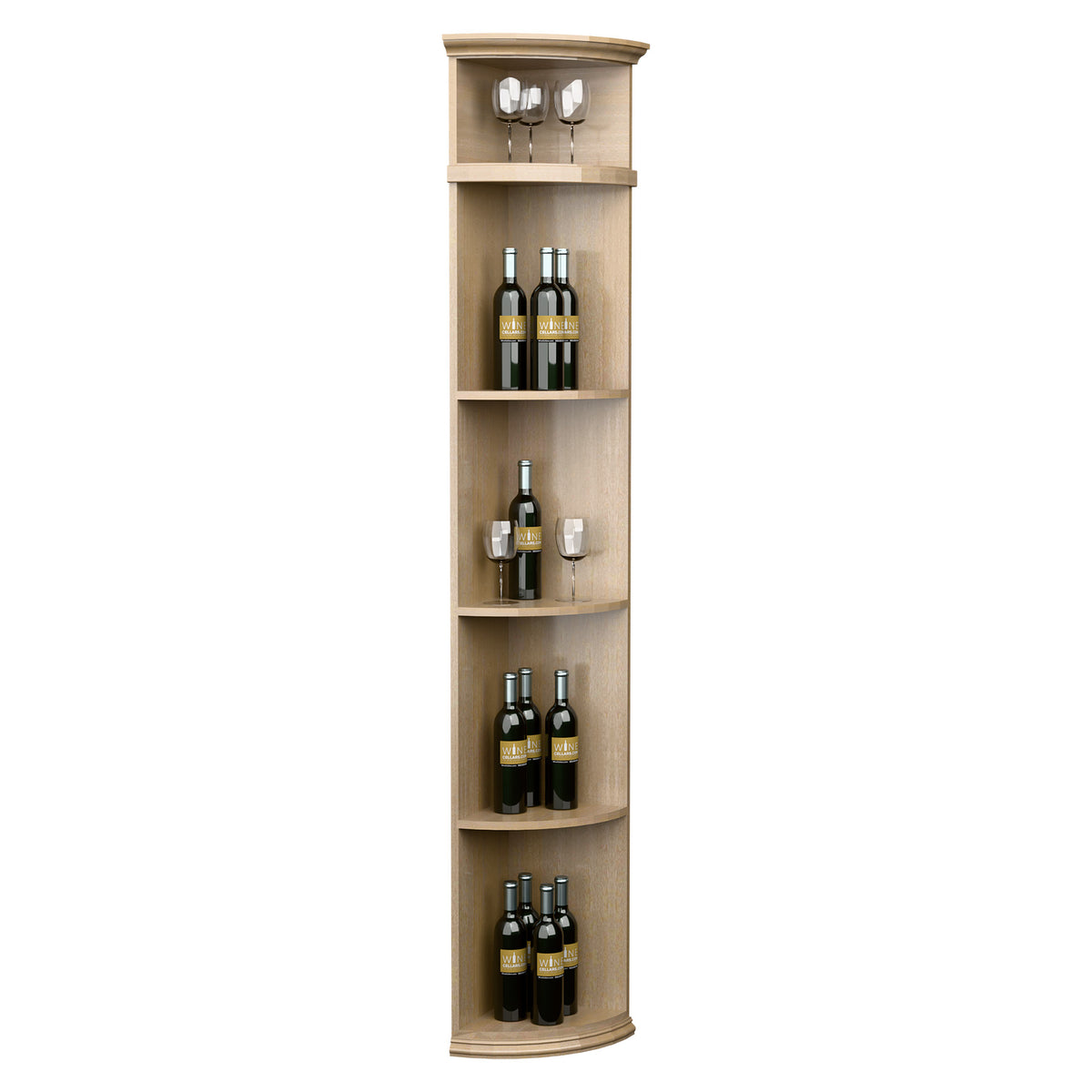 Natural wood quarter-round wine shelf with round base, bottle cubbies, and glass holders
