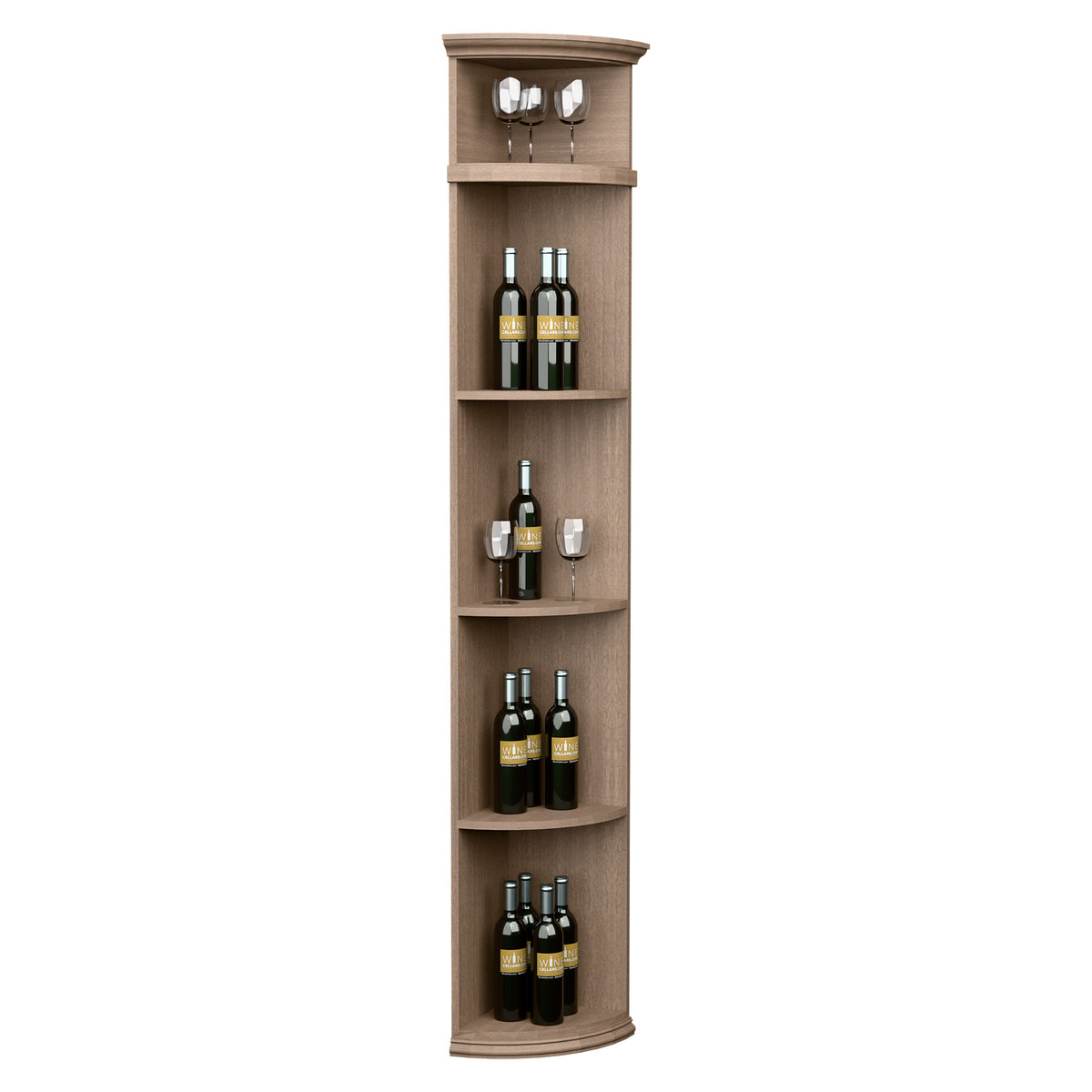 Light wood quarter-round wine shelf with round base and open bottle shelves for wine