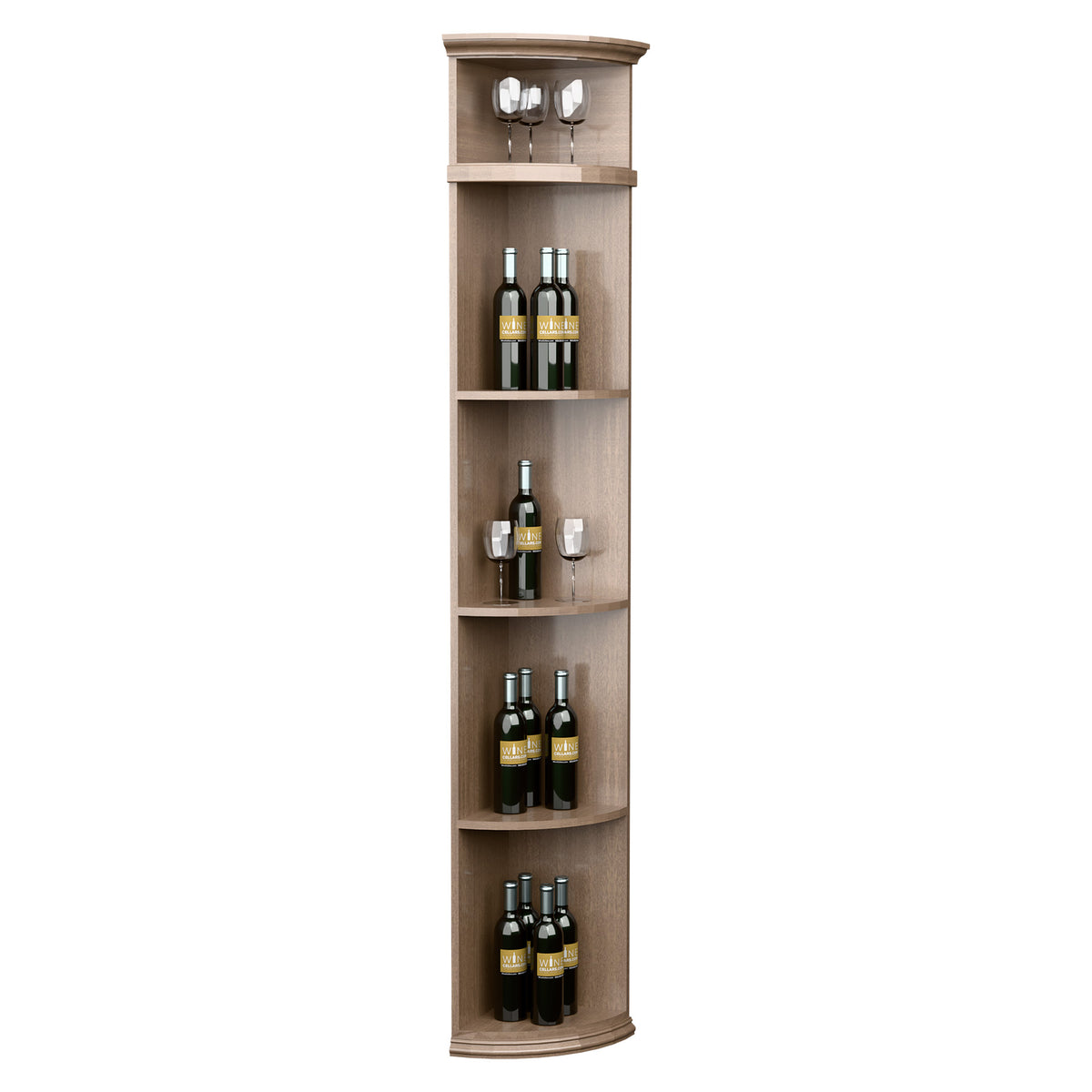 Natural-toned quarter-round wine shelf with round base, bottle storage, and top glass rack