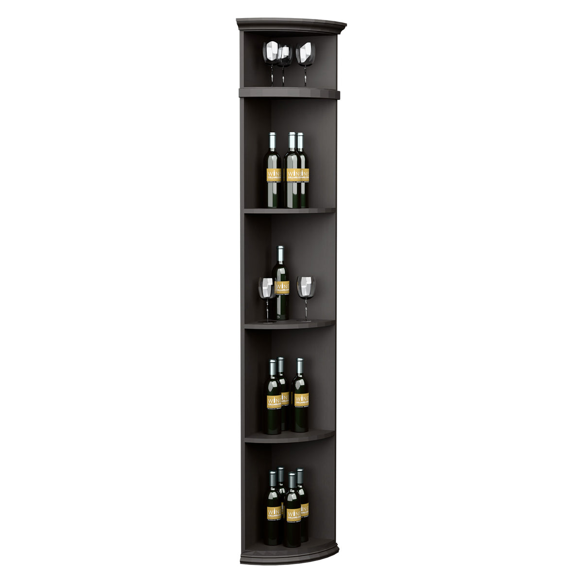 Dark-stained quarter-round wine shelf with round base, bottle cubbies, and stemware holder