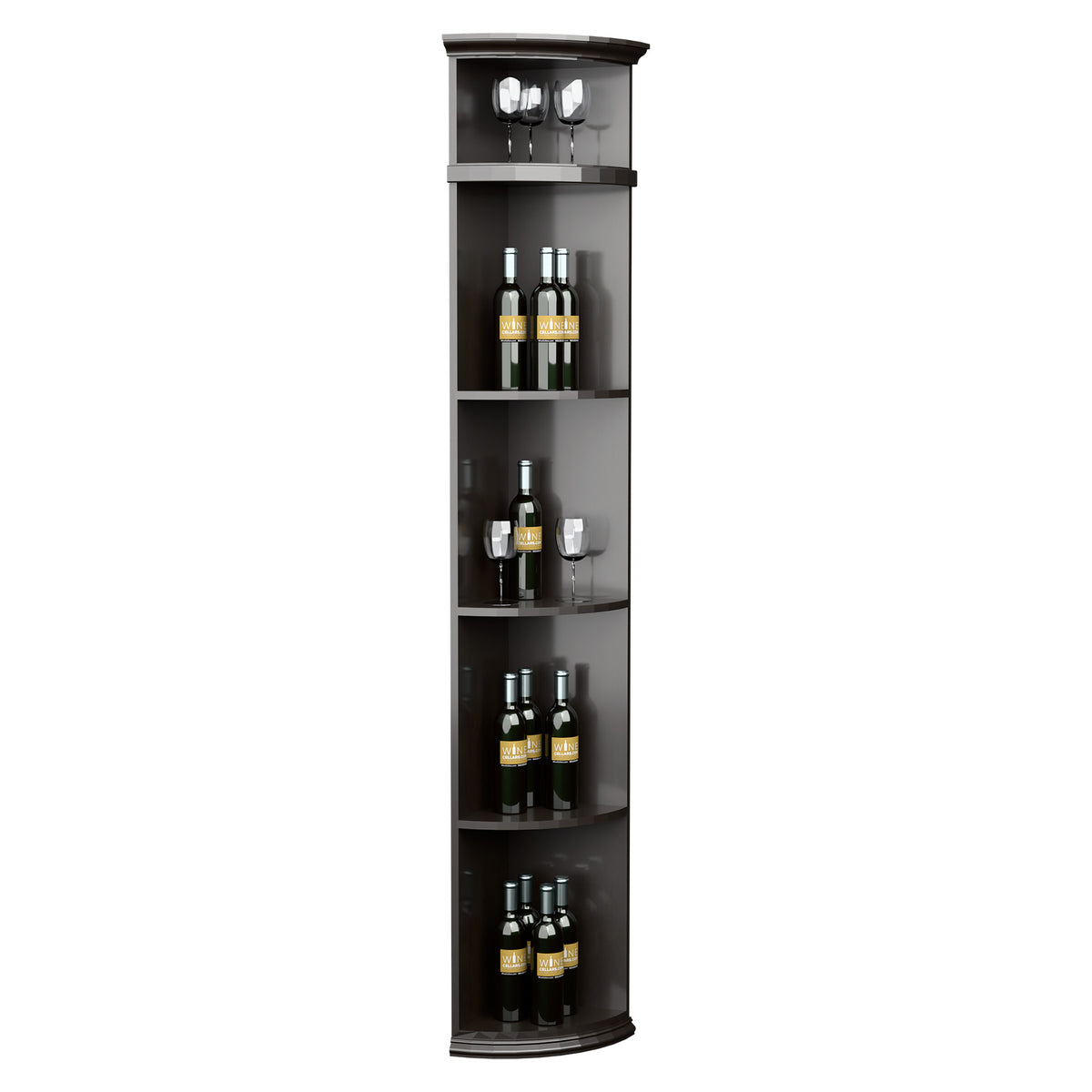 Dark wood quarter-round wine shelf with round base, open bottle shelves, and glass rack