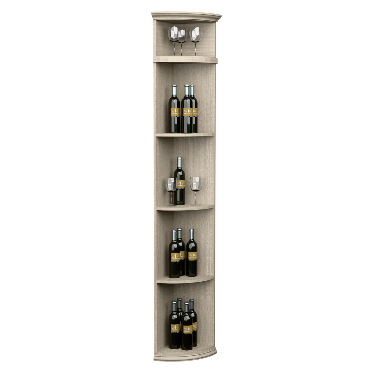 Natural wood quarter-round wine shelf with round base and top stemware rack