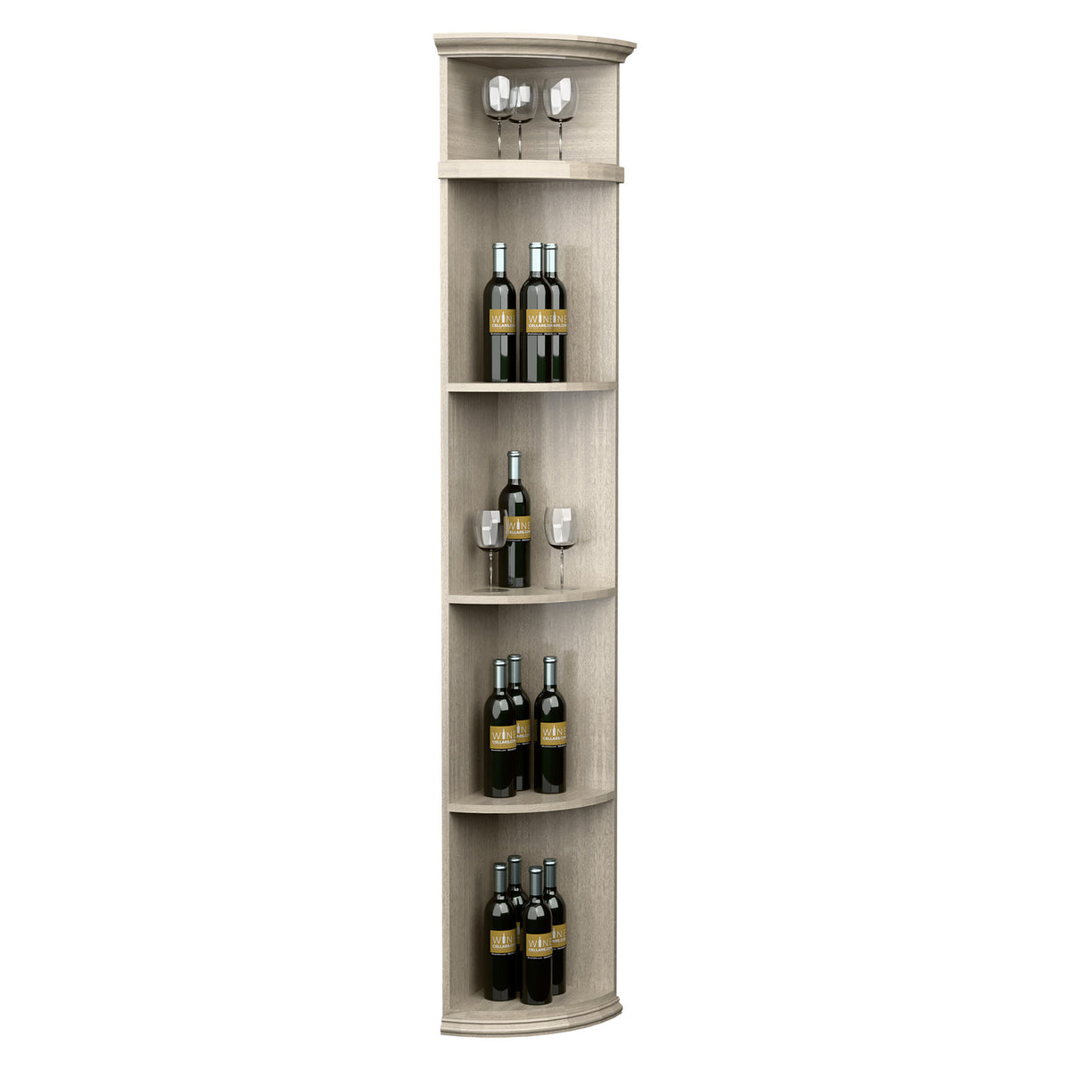 Light wood quarter-round wine shelf with round base, bottle cubbies, and glass holders