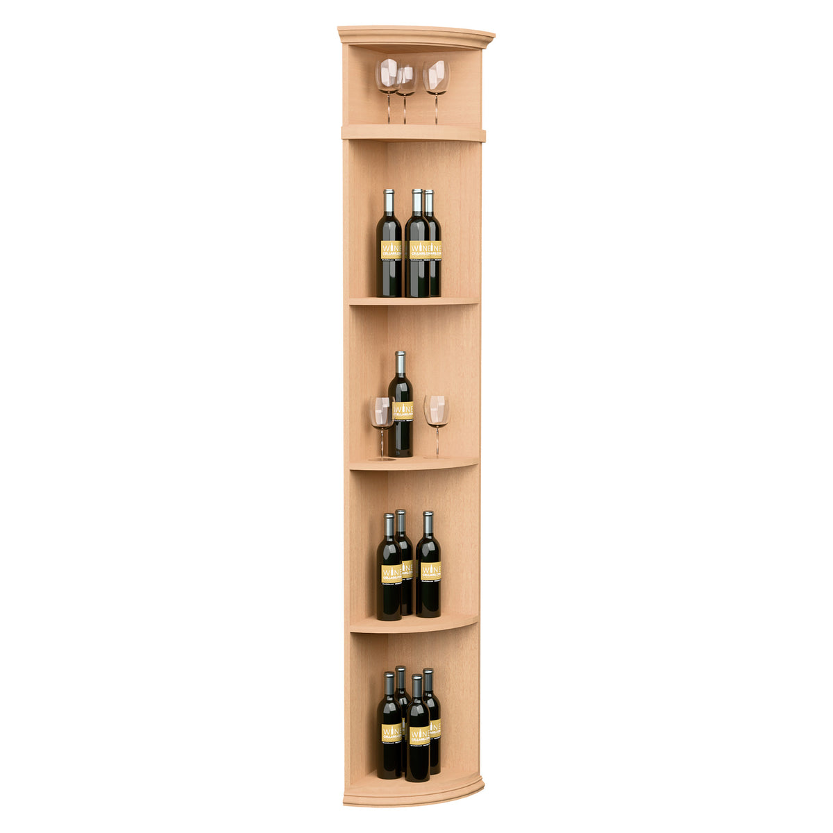 Honey-toned quarter-round wine shelf with round base, bottle shelves, and stemware rack