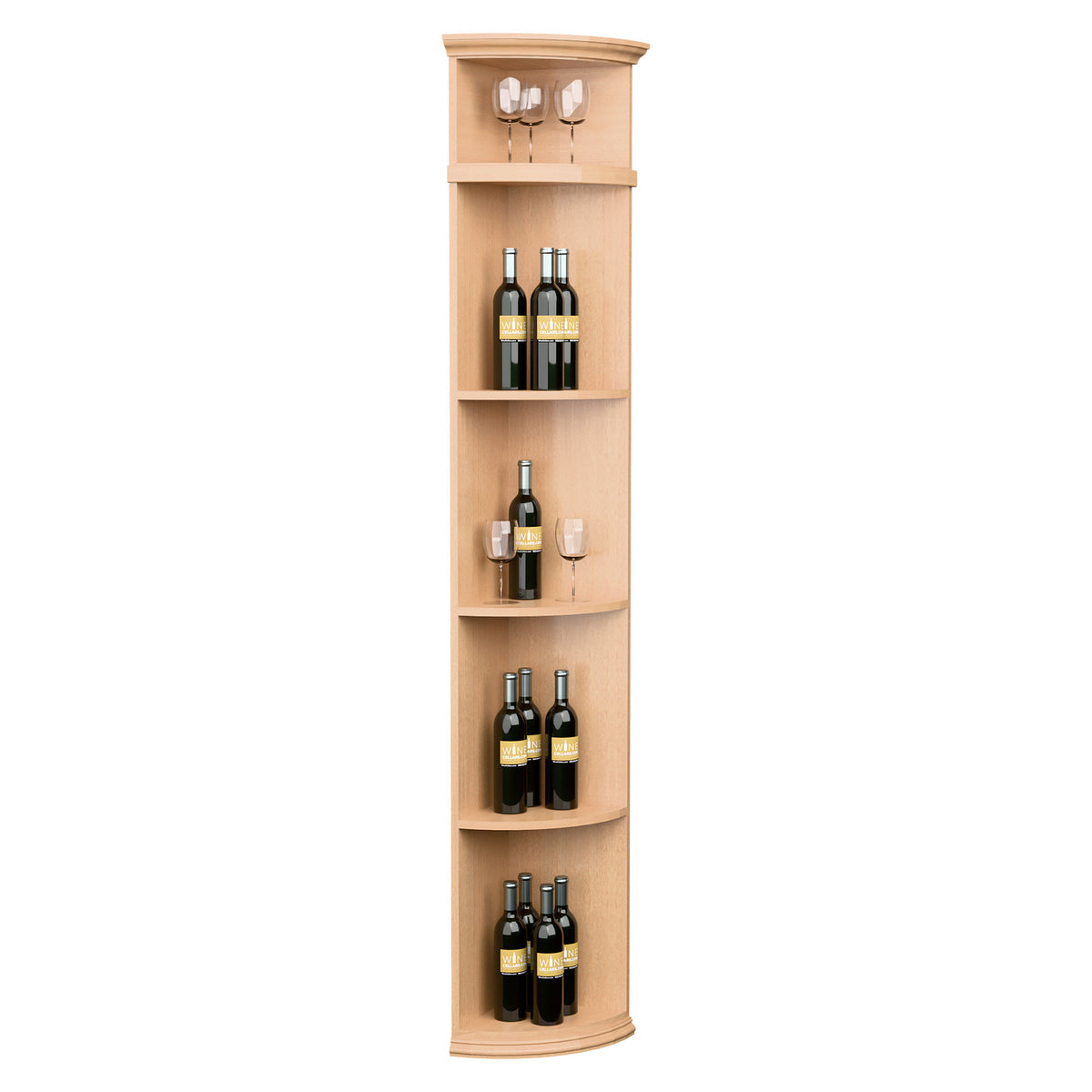 Light honey wood quarter-round wine shelf with round base and open bottle storage