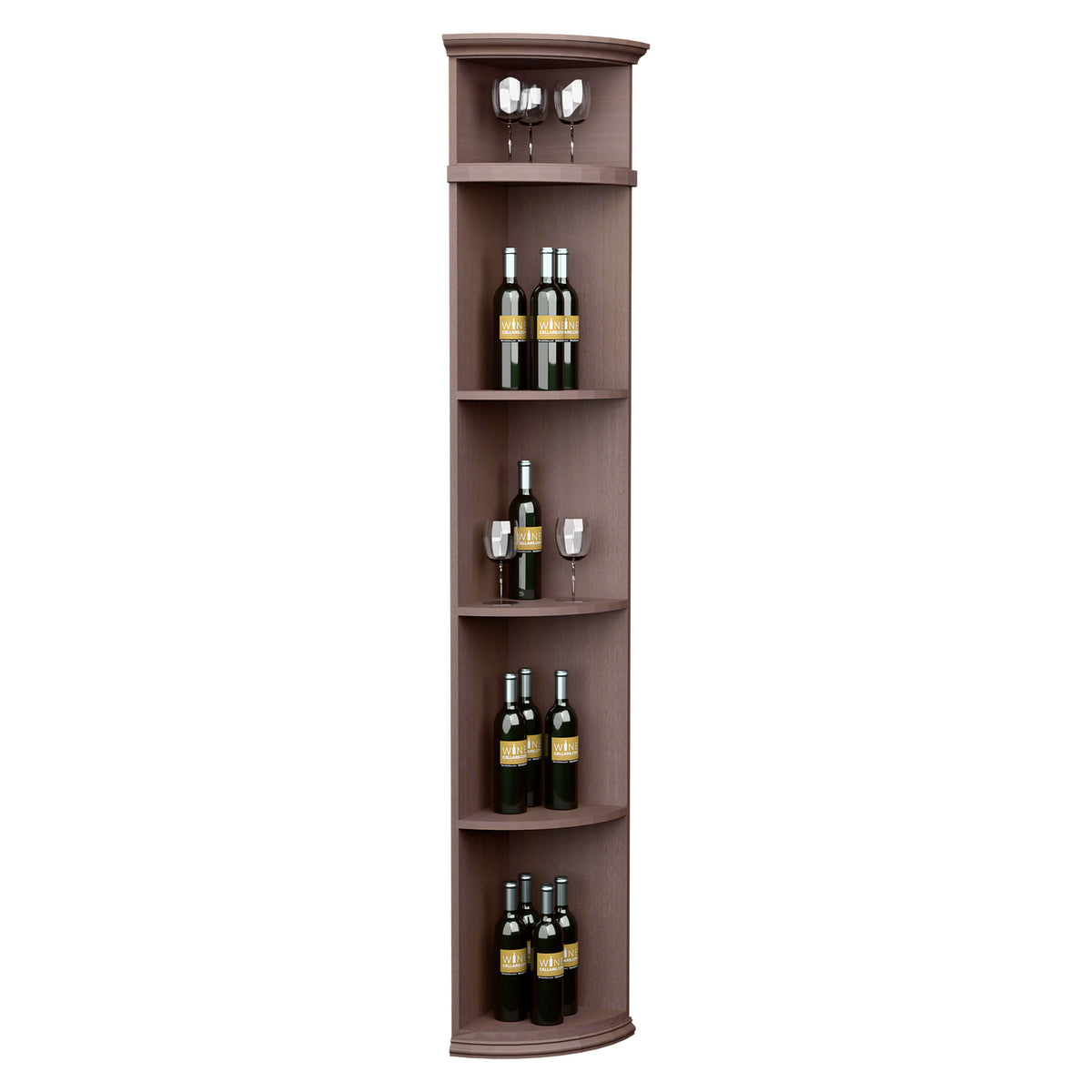 Dark brown quarter-round wine shelf with round base, top glass holders, bottle display