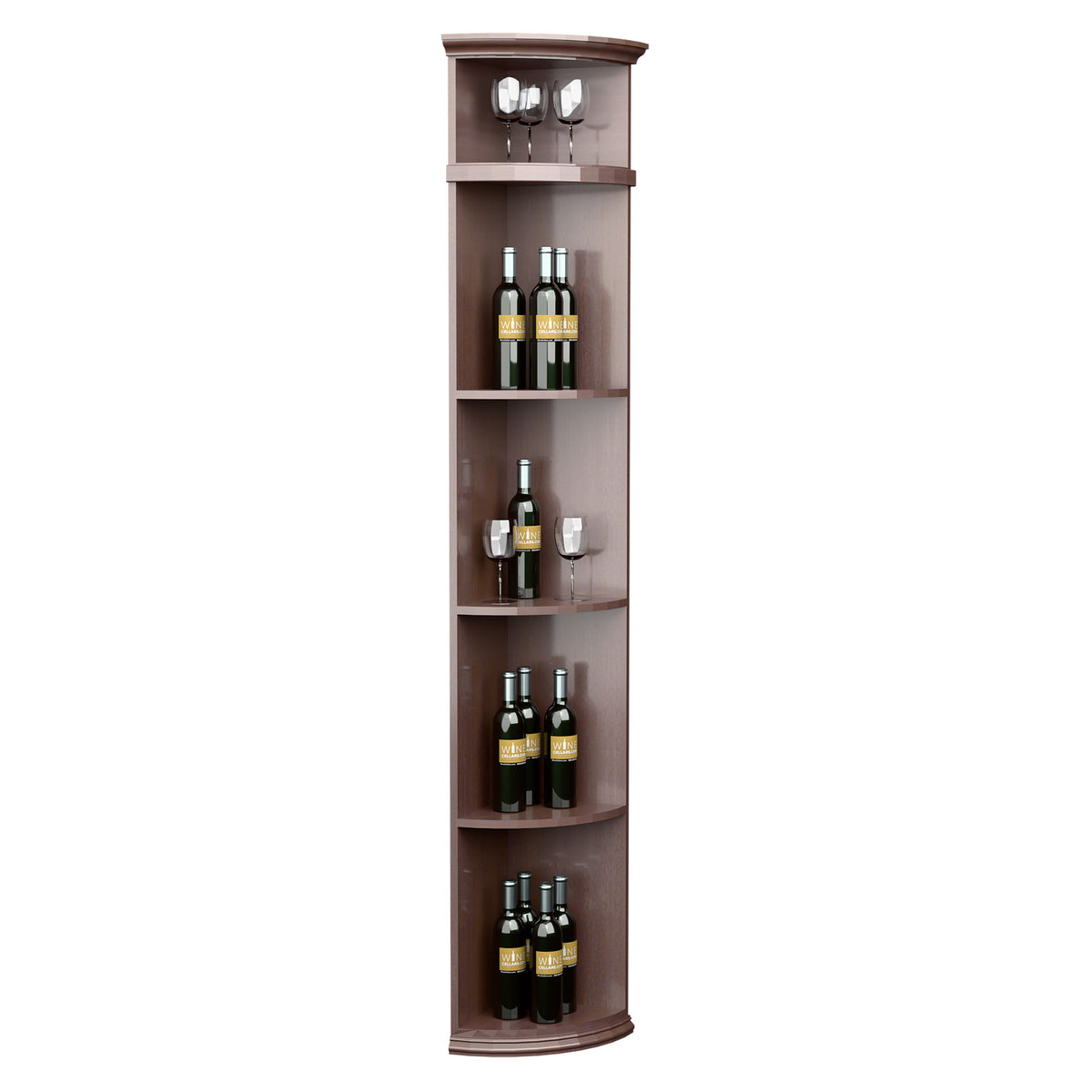 Dark brown corner wine cabinet with round base and curved shelves for bottles and glassware