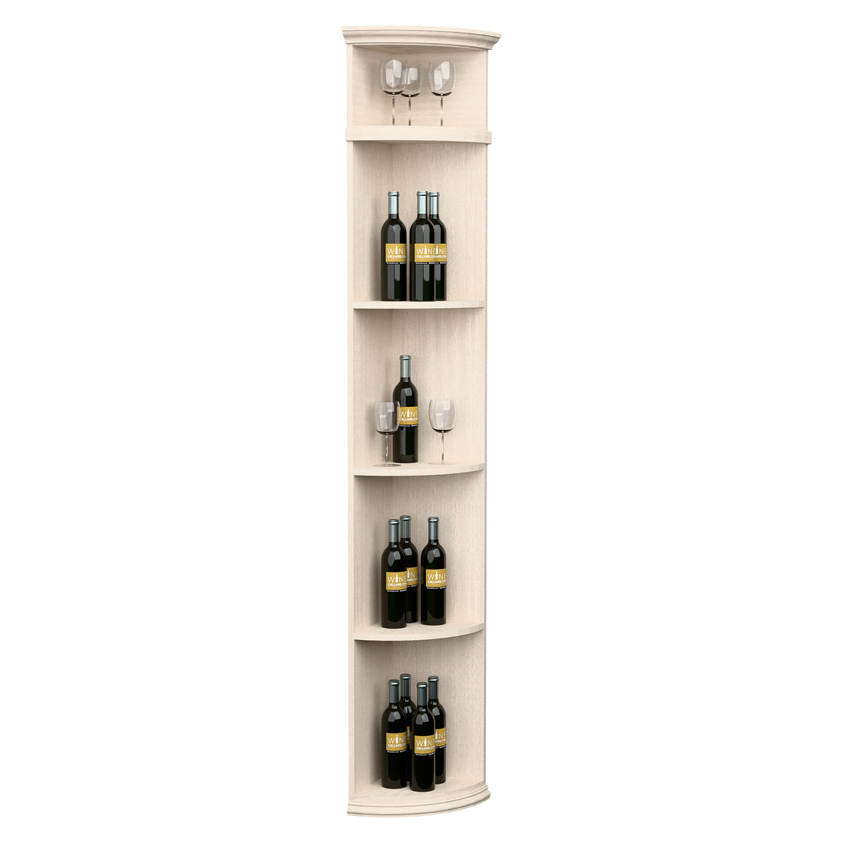White quarter-round wine shelf with round base, curved compartments, and two glass holders