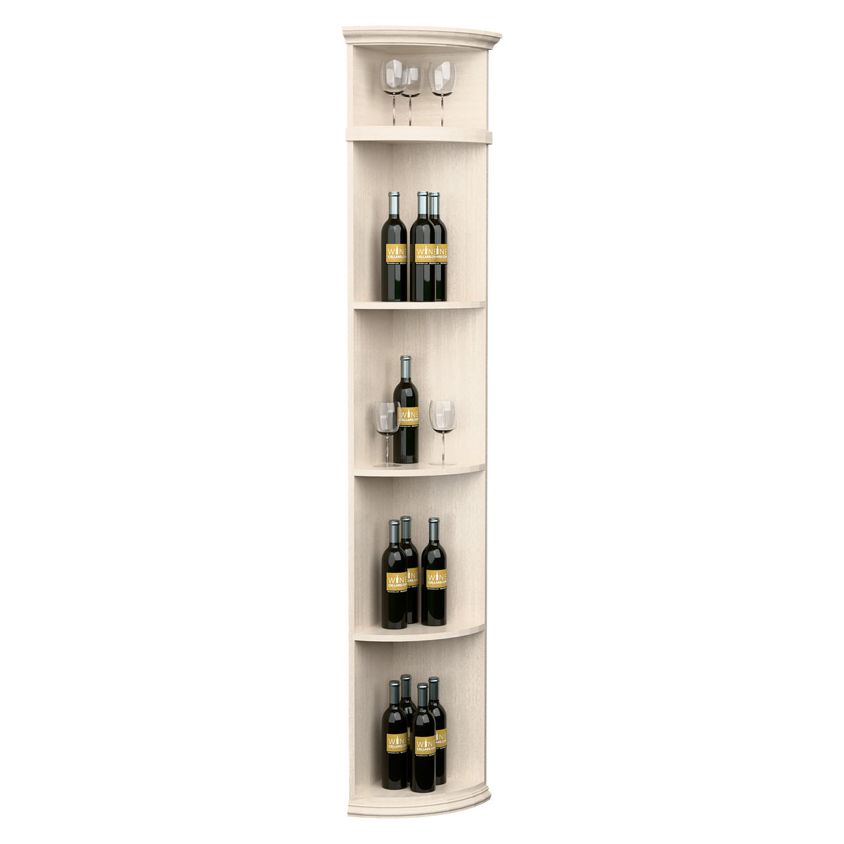 White corner wine cabinet with circular base and curved bottle shelves, includes glass holders