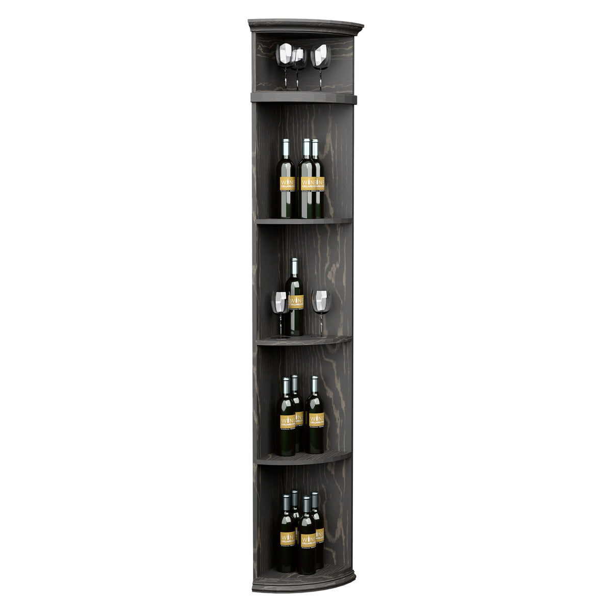 Black corner wine shelf with round base, curved tiers, and top holders for two glasses