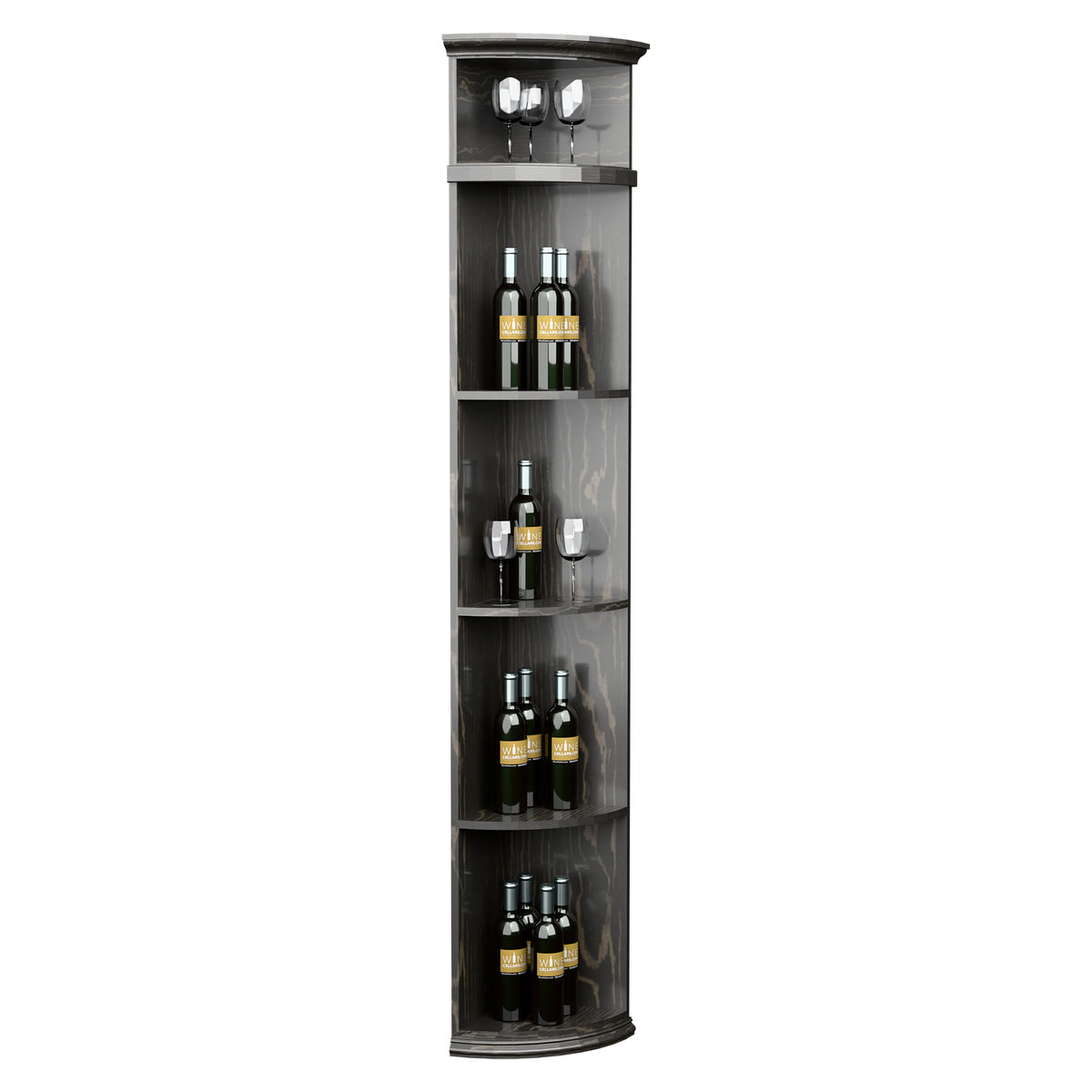 Grey-black quarter-round wine shelf with circular base and curved bottle compartments