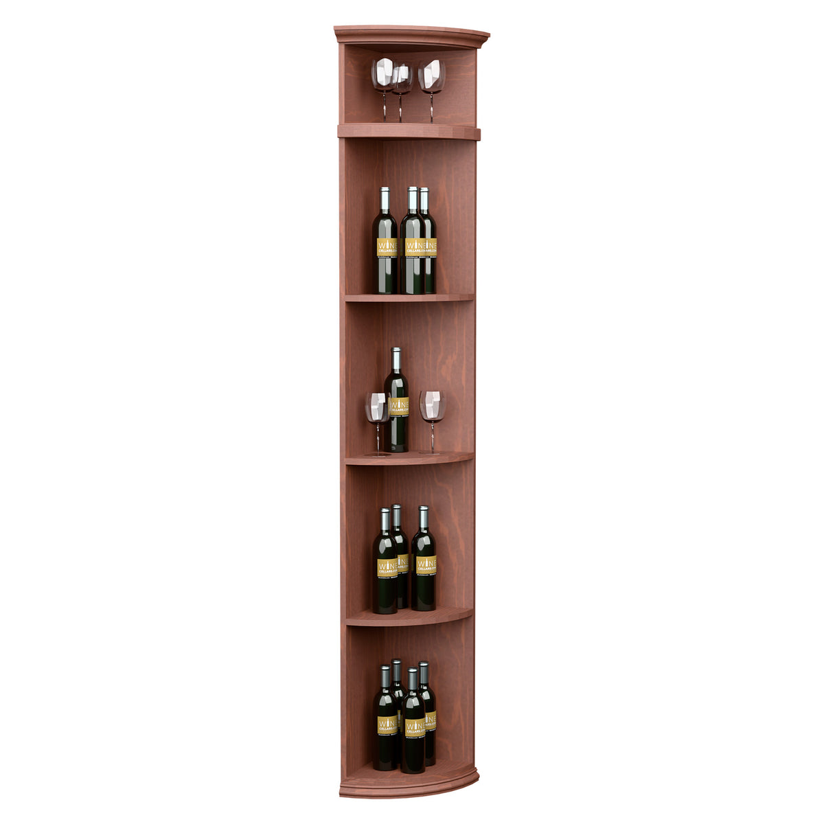 Rust brown quarter-round wine shelf with round base, curved shelves, and top glass holders