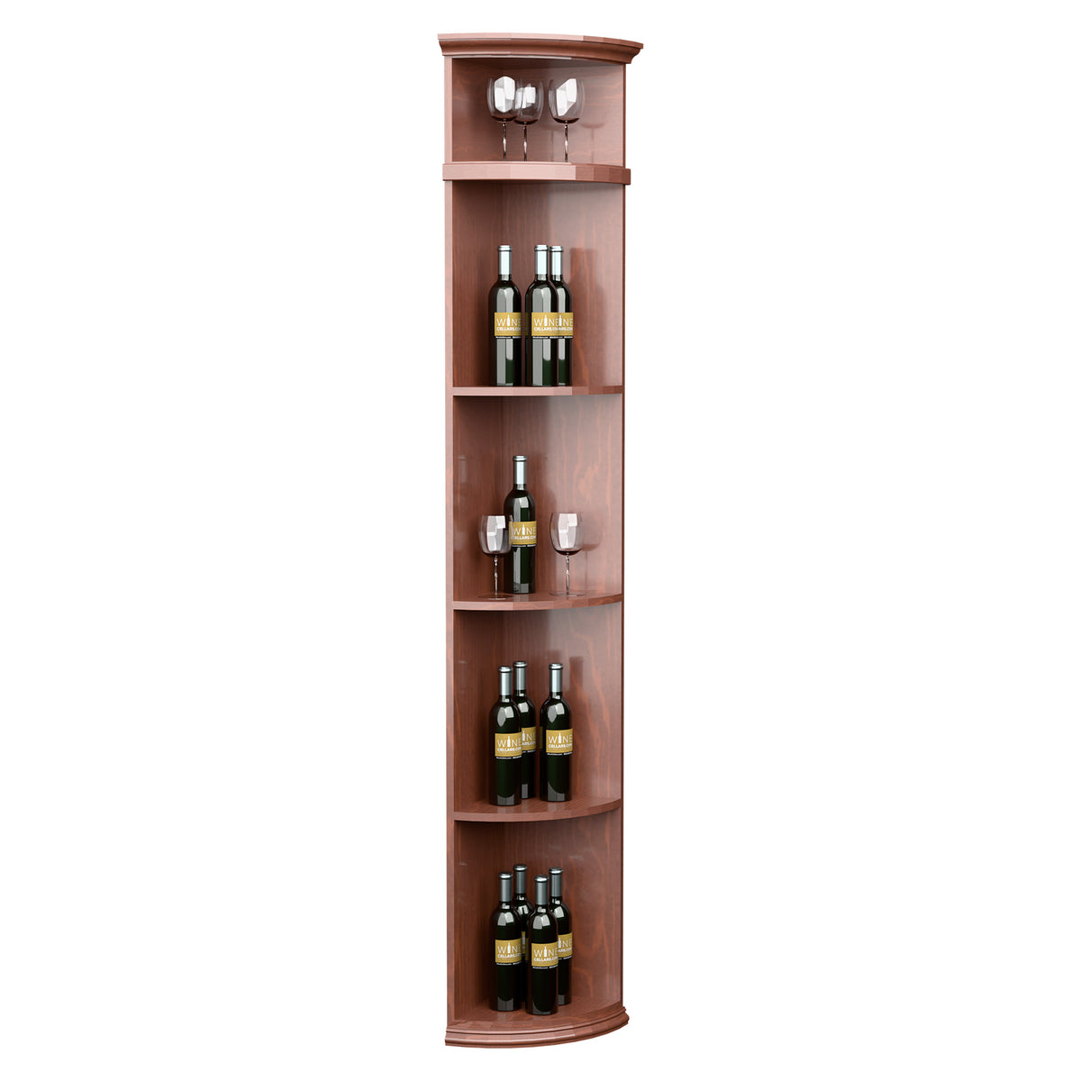 Medium brown quarter-round wine shelf with round base, curved bottle cubbies, and glass holders