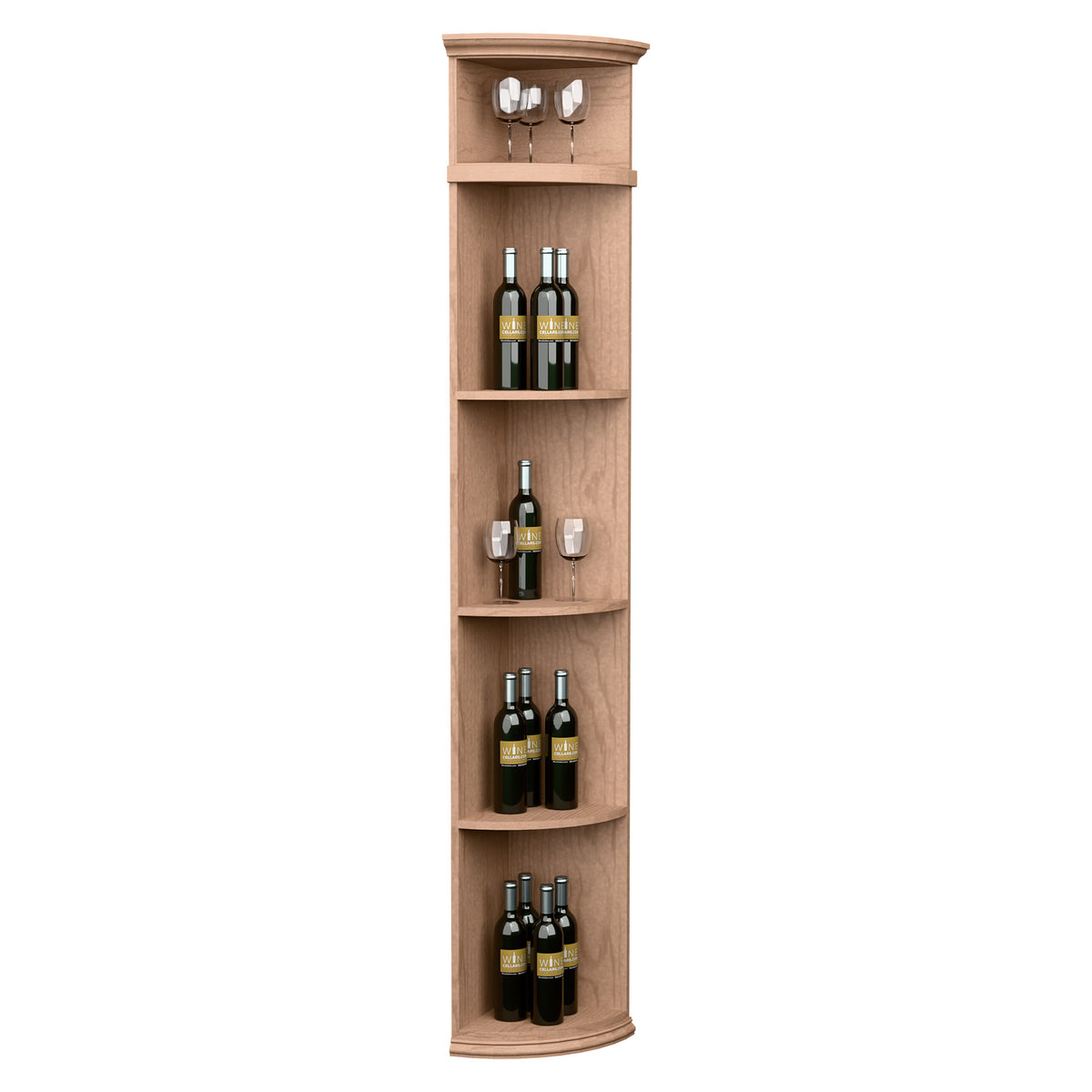 Light wood quarter-round wine shelf with round base, bottle and glass storage shelves