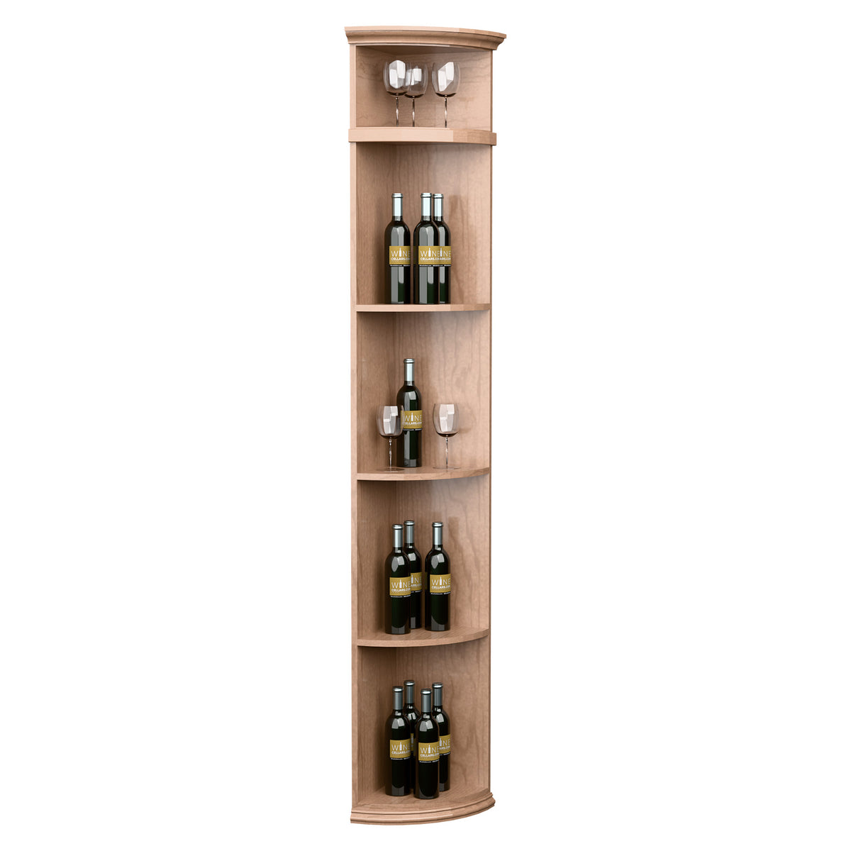 Front-facing light wood quarter-round wine shelf with round base and bottle display tiers
