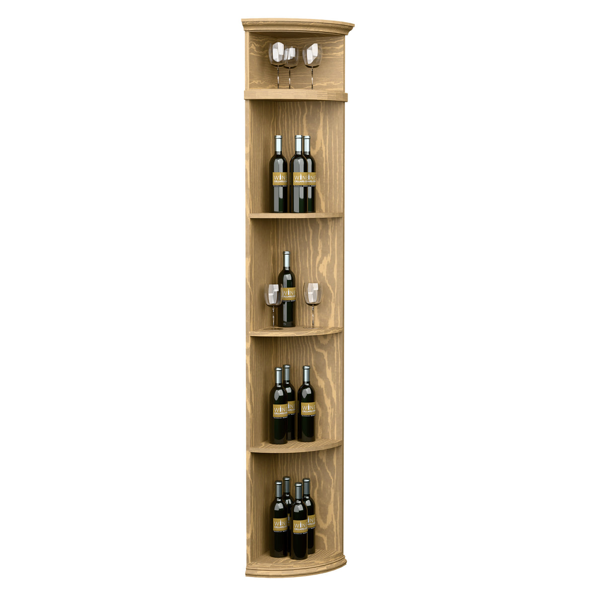 Tall light wood quarter-round wine shelf with round base and stacked bottle compartments