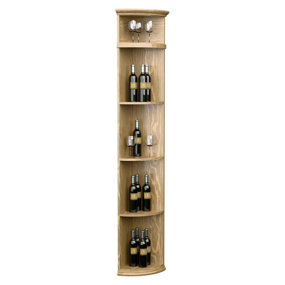 Light wood quarter-round wine shelf with round base, top bar shelf and bottle racks