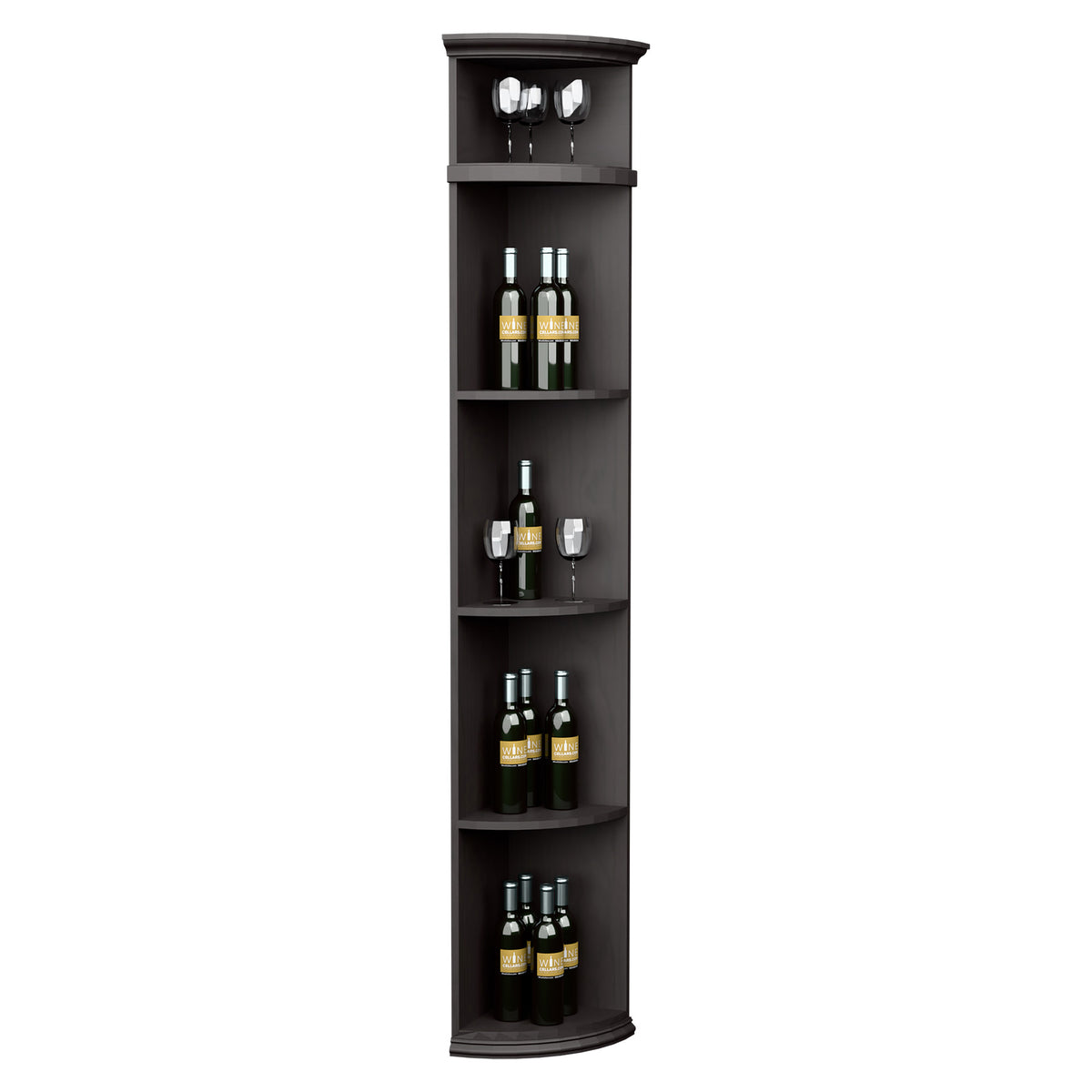 Dark charcoal quarter-round wine shelf with round base, bottle and glass storage tiers