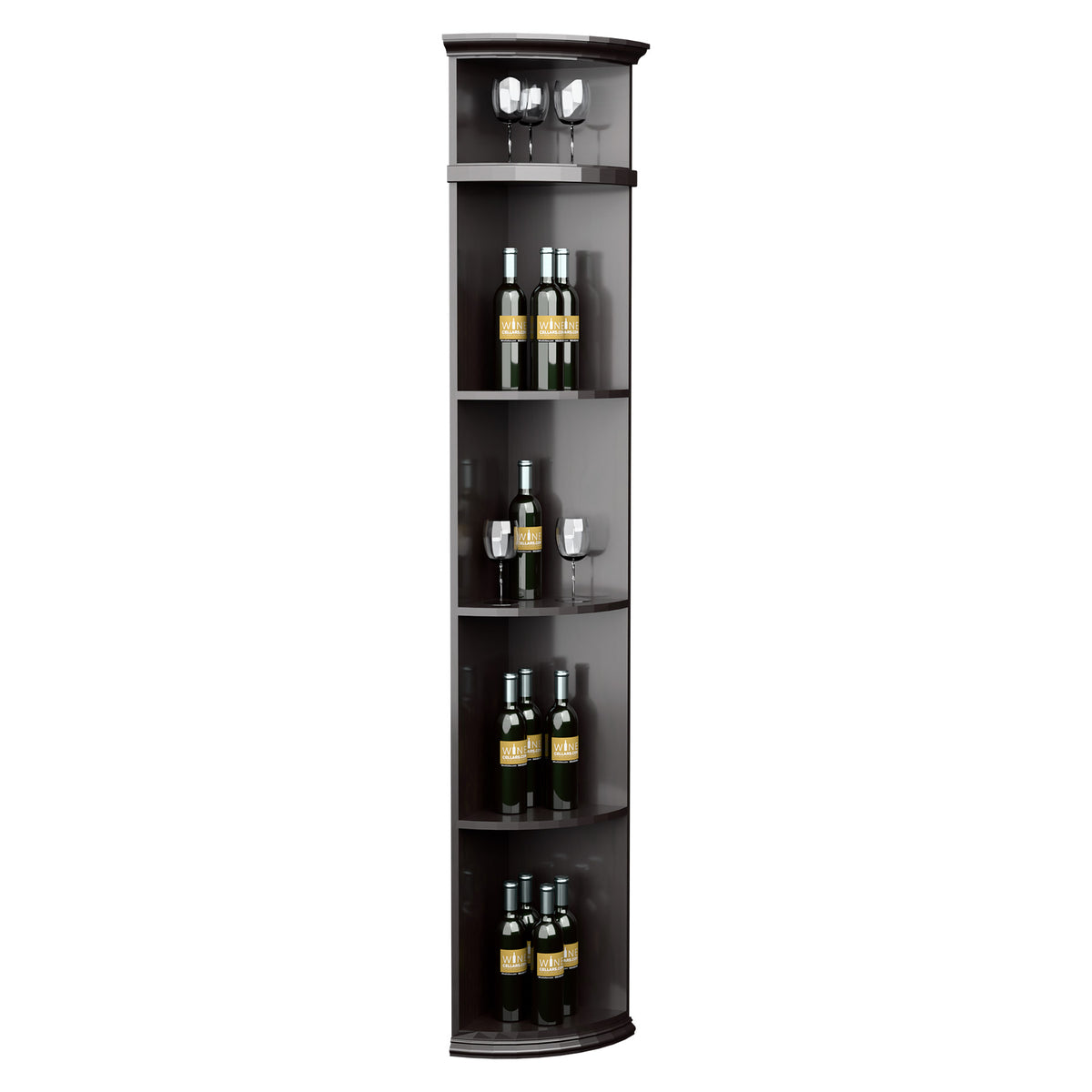 Dark grey quarter-round wine shelf with round base and multiple bottle display shelves
