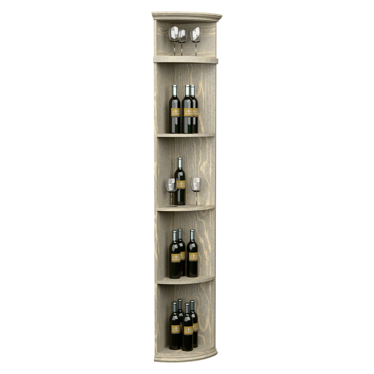 Weathered light wood quarter-round wine shelf with round base and top glass holders