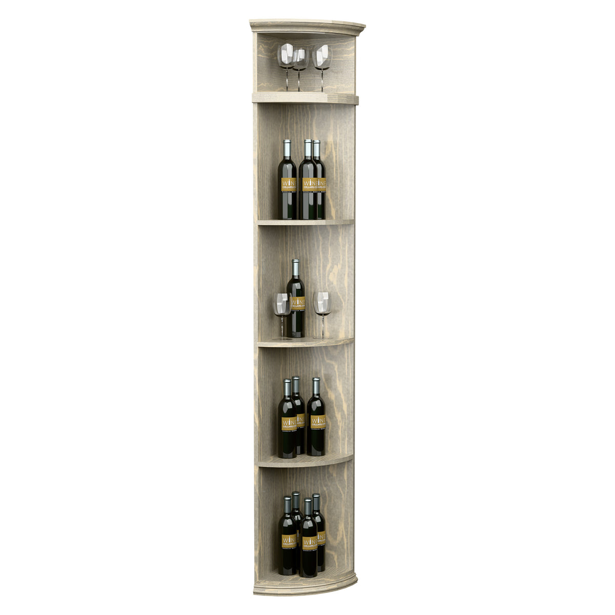 Light wood quarter-round wine shelf with round base and curved lower bottle shelf