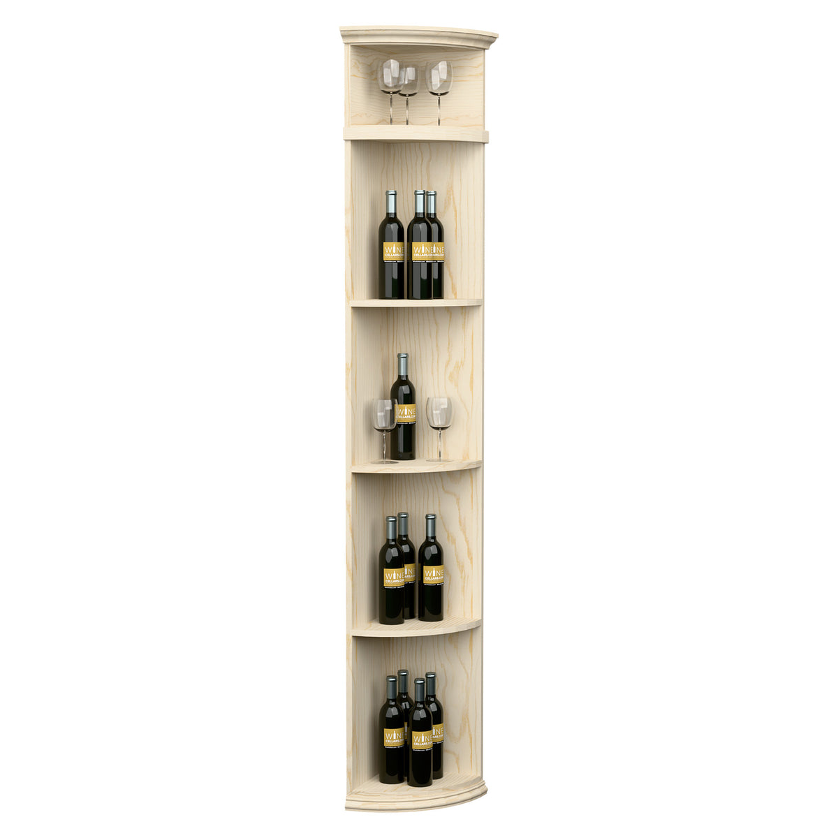 Pale light wood quarter-round wine shelf with round base and bottle-and-glass compartments