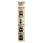 Pale light wood quarter-round wine shelf with round base and bottle-and-glass compartments
