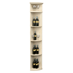 Pale light wood quarter-round wine shelf with round base and bottle-and-glass compartments