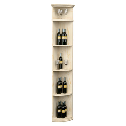 Pale light wood quarter-round wine shelf with round base and bottle-and-glass compartments