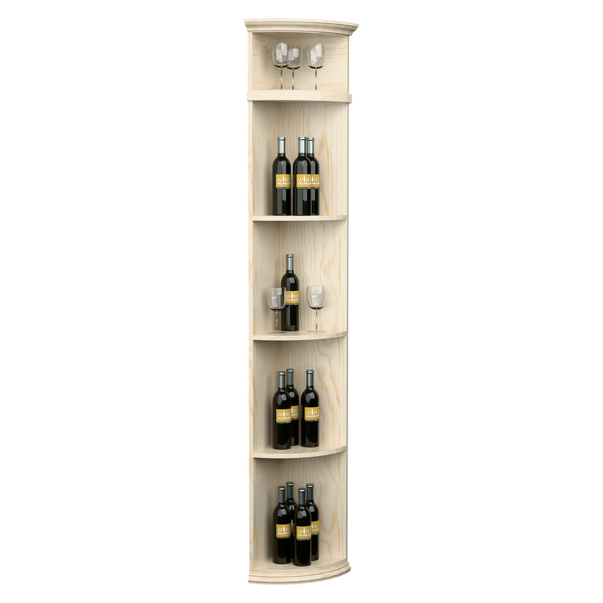 Light wood quarter-round wine shelf with round base and stacked bottle storage shelves