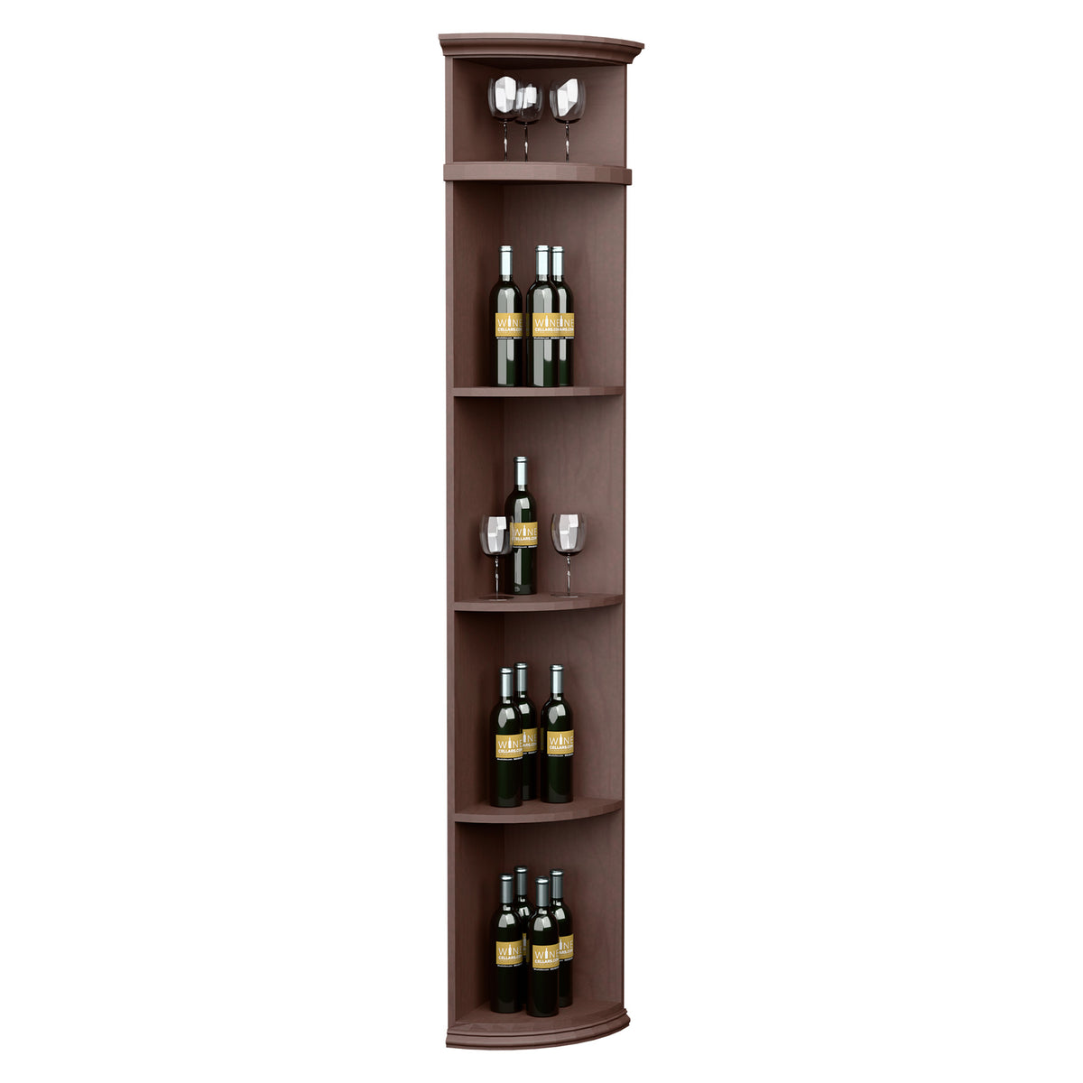 Brown quarter-round wine shelf with round base and open bottle display shelves